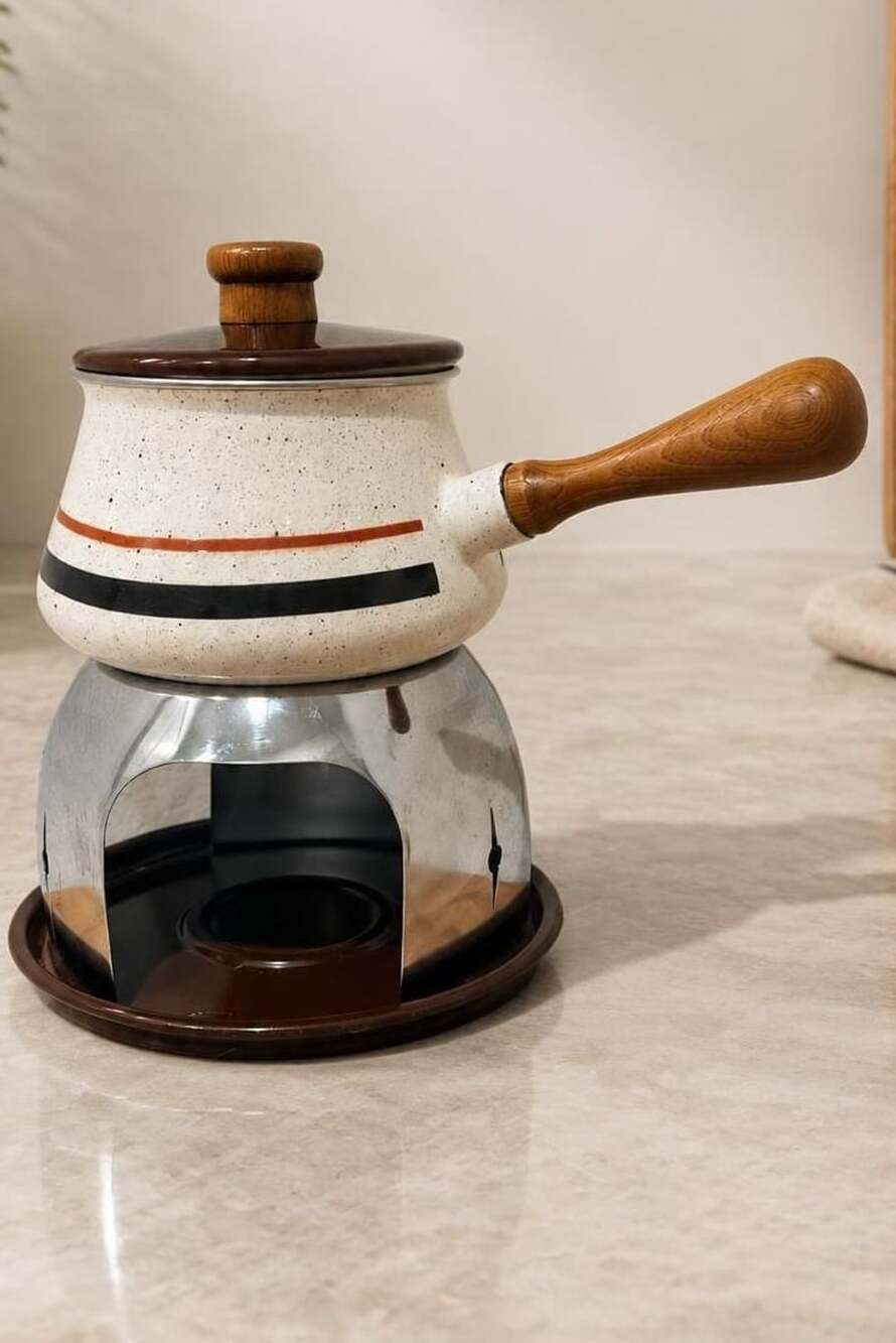 Vintage Speckled Enamelware Fondue Set With Wood